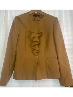 TF7018- Anne Klein Women’s Ruffle Front Blazer Camel Tan Size 8 Peplum Waist